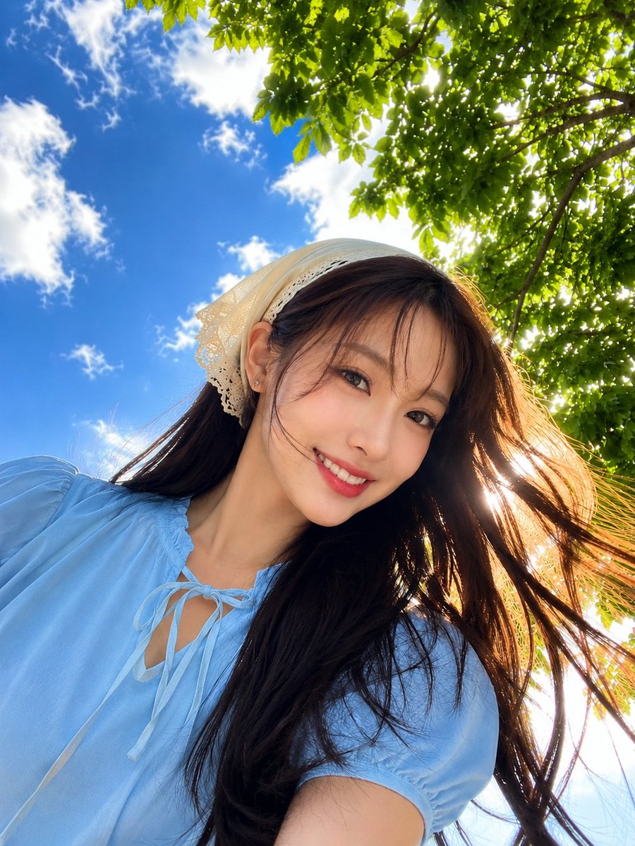 超写实生活风格人像，捕捉一位美丽的年轻东亚女性，从戏剧性的低角度手持自拍视角拍摄，背景是充满柔和白云的鲜艳钴蓝色夏日天空。她对着镜头温暖地微笑…, 图片 1