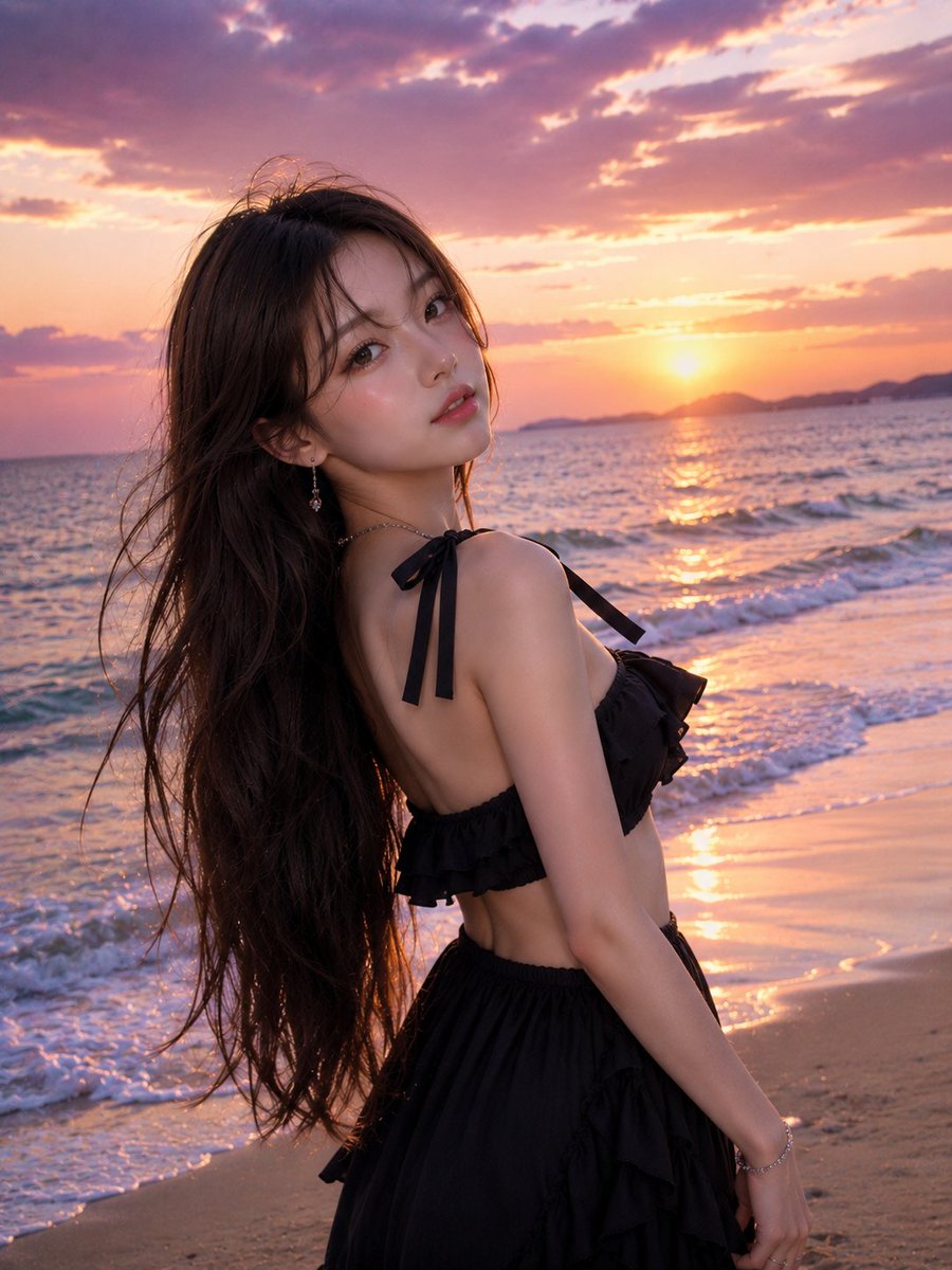 超写实海滩日落人像:一位美丽的年轻女子,留着丝般柔顺的深棕色长发,肌肤柔软并泛着光泽,在黄金时段伫立于海岸线旁。她身穿一套优雅的黑色荷叶边两件…, 图片 1