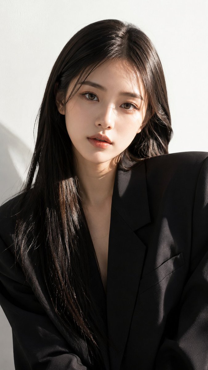 使用参考图中的女孩，完整保留她的面部、身份、比例和整体外观。超写实 9:16 胸部以上时尚编辑人像。她微微歪头坐姿，目光直视镜头，表情平静自信…, 图片 1