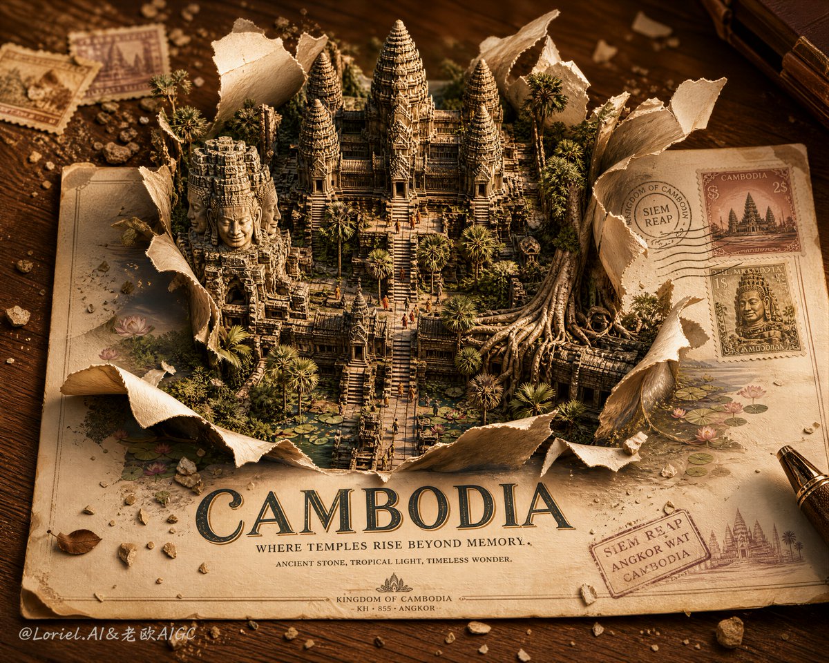 两个地标,多个地标的拼凑,风景叠加在明信片之上,扁平剪影式地标,透视不匹配,纸张僵硬,卡纸撕边生硬,突出感微弱,卡通微缩模型,伪造的纸张纹理,…, 图片 2