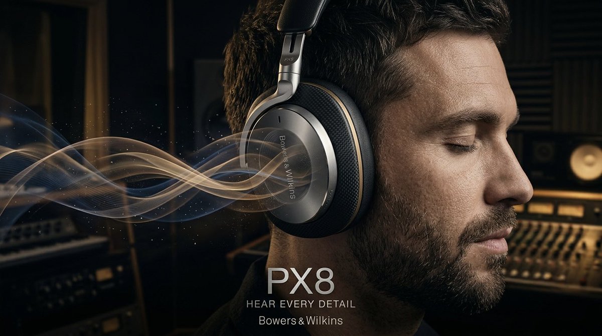 宝华韦健 Bowers & Wilkins Px8 奢华无线耳机超高端电影级广告海报。深邃沉浸式录音棚环境中一位气质高雅的音乐家的极致微距特写…, 图片 1