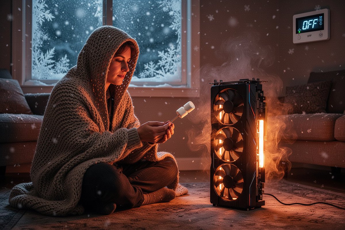 深冬夜晚昏暗温馨的客厅,结霜的窗外飘着雪花。一个裹着厚厚针织毯子的人盘腿坐在地板上,像围在篝火旁一样烤手——只不过这堆"火"是一块竖立的大型三…, 图片 1