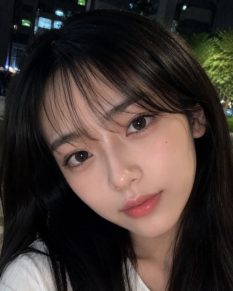 超逼真的智能手机照片:一位美丽的年轻日本女性,皮肤光滑白皙,面部自然柔和,五官精致,大而富有表现力的棕色眼睛,粉嫩有光泽的嘴唇,黑色长直发丝般…, 图片 1