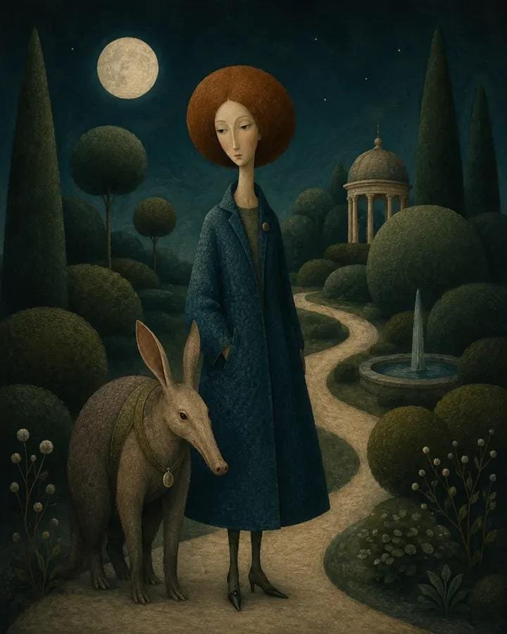 超现实诗意插画：[HUMAN] 身着 [CLOTHING]，与 [ANIMAL] 结伴，置身于 [SCENERY]。使用 [COLOR PAL…, 图片 3