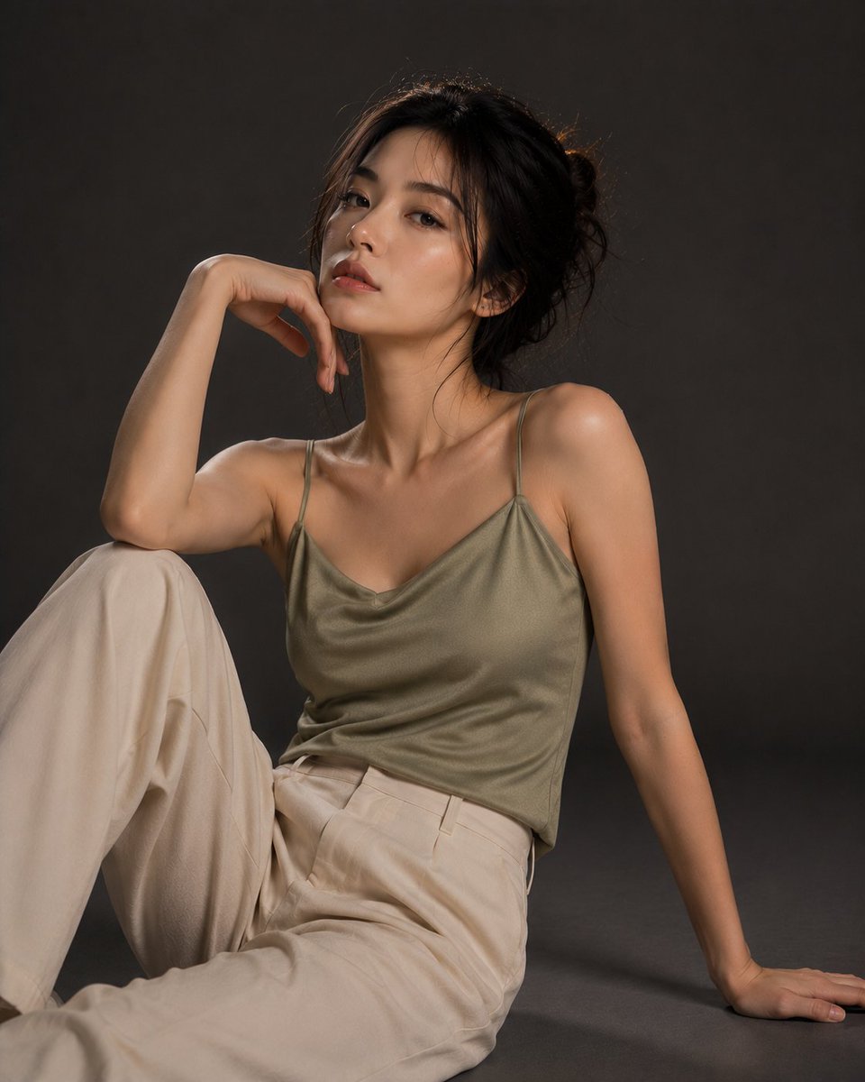极简摄影工作室中的超写实编辑级时尚人像,采用无缝炭灰色背景幕布。使用一盏大型柔光箱打造的柔和电影级低调光效,高端杂志级美学风格,画面构图干净无…, 图片 4