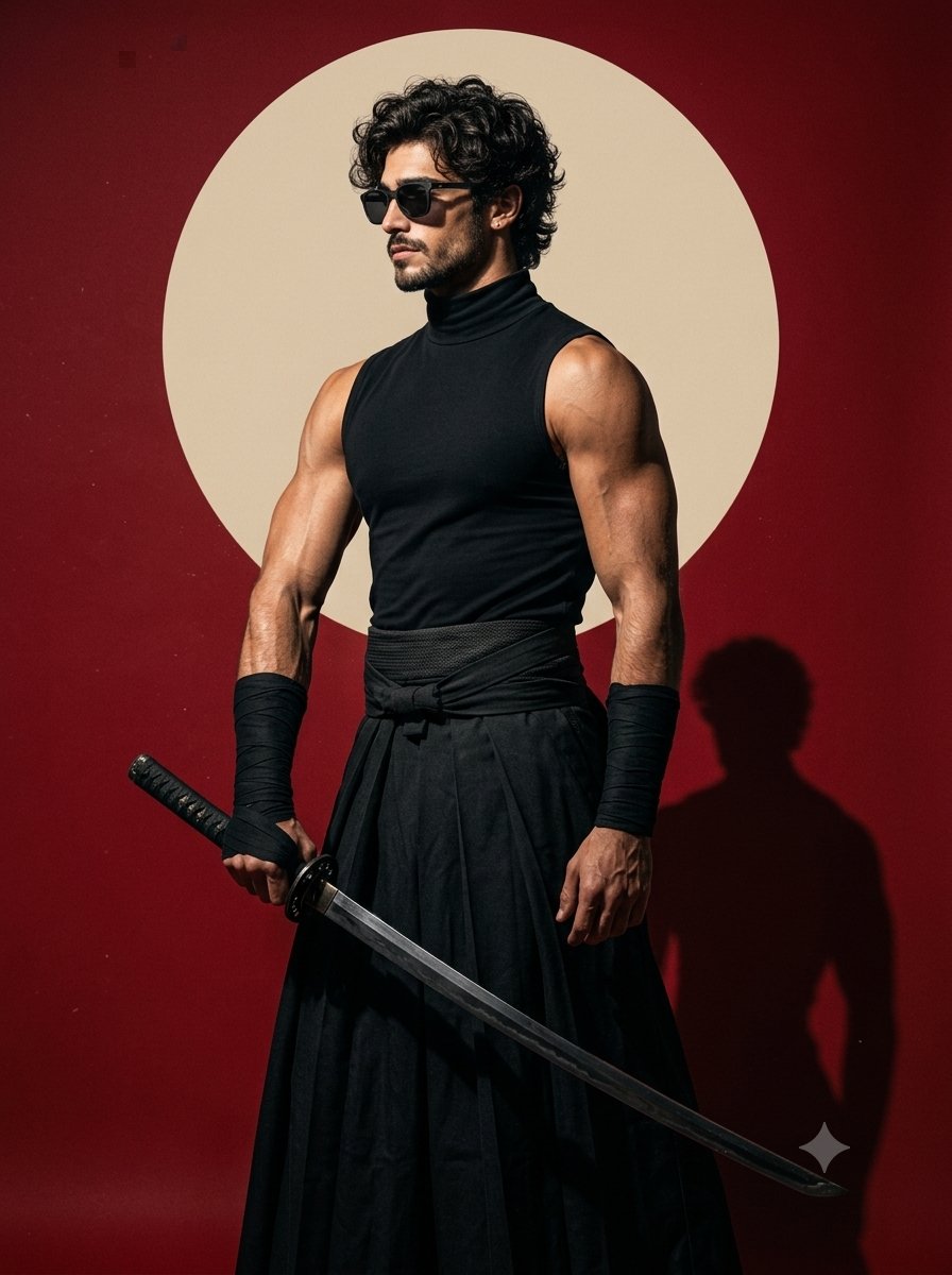 超写实电影级影棚人像摄影:一位现代武士身着黑色极简风格服饰,灵感源自传统日本美学。, 图片 1