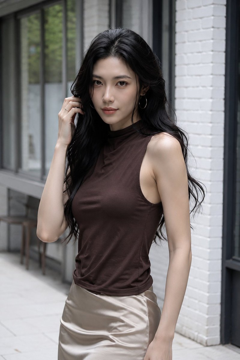 超写时尚写真人像。成年东亚女性,21岁以上,站立于现代精致户外走廊,靠近白漆砖墙与高挑黑框窗户。略偏右,腰部至大腿中部取景。画面左侧保留宽裕的…, 图片 1