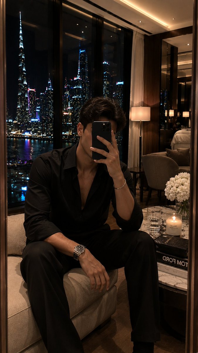 超写实风格的豪华酒店套房镜面自拍，拍摄于日落之后，地点是一间优雅的顶层套房，设有全景玻璃墙，俯瞰令人目眩的大都市天际线。宽阔的窗户营造出被点亮…, 图片 4