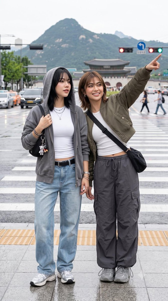 超写实生活方式摄影,呈现两位时尚年轻女性(保持一致的固定角色)在现代都市与文化场景中多个抓拍的旅行与友谊瞬间。其中一位留着带柔和刘海的浅棕色短…, 图片 1