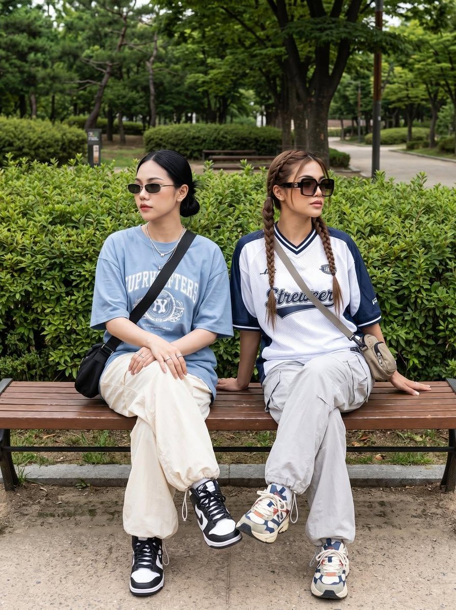 超写实生活方式摄影,呈现两位时尚年轻女性(保持一致的固定角色)在现代都市与文化场景中多个抓拍的旅行与友谊瞬间。其中一位留着带柔和刘海的浅棕色短…, 图片 4