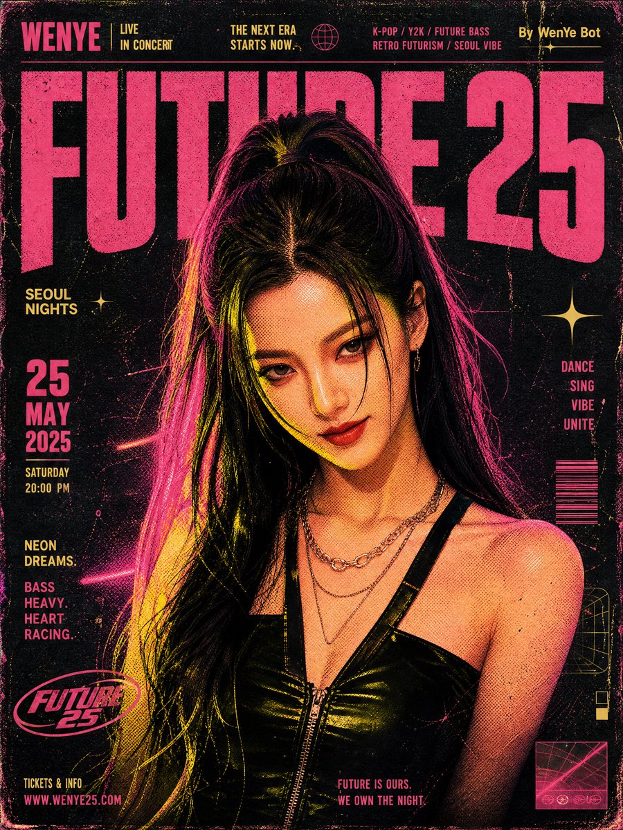 复古音乐海报设计，K-pop 团体演出海报，丝网印刷质感，半色调图案，斑驳色彩，点、线、面的层级分布。复古未来主义音乐活动海报插画：一位 Y2…, 图片 1