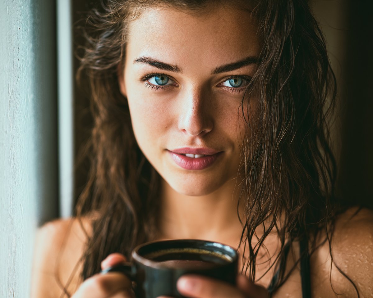湿发美女手持咖啡杯站在窗边,柔和日光,极简公寓,自然肌肤,宁静亲密的人像 --v 8.1 --ar 5:4, 图片 1