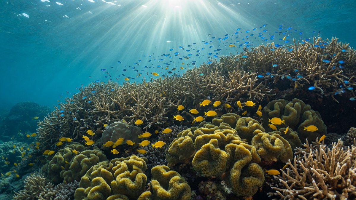 A breathtaking professional underwater photograph of a thriving coral reef ridg…