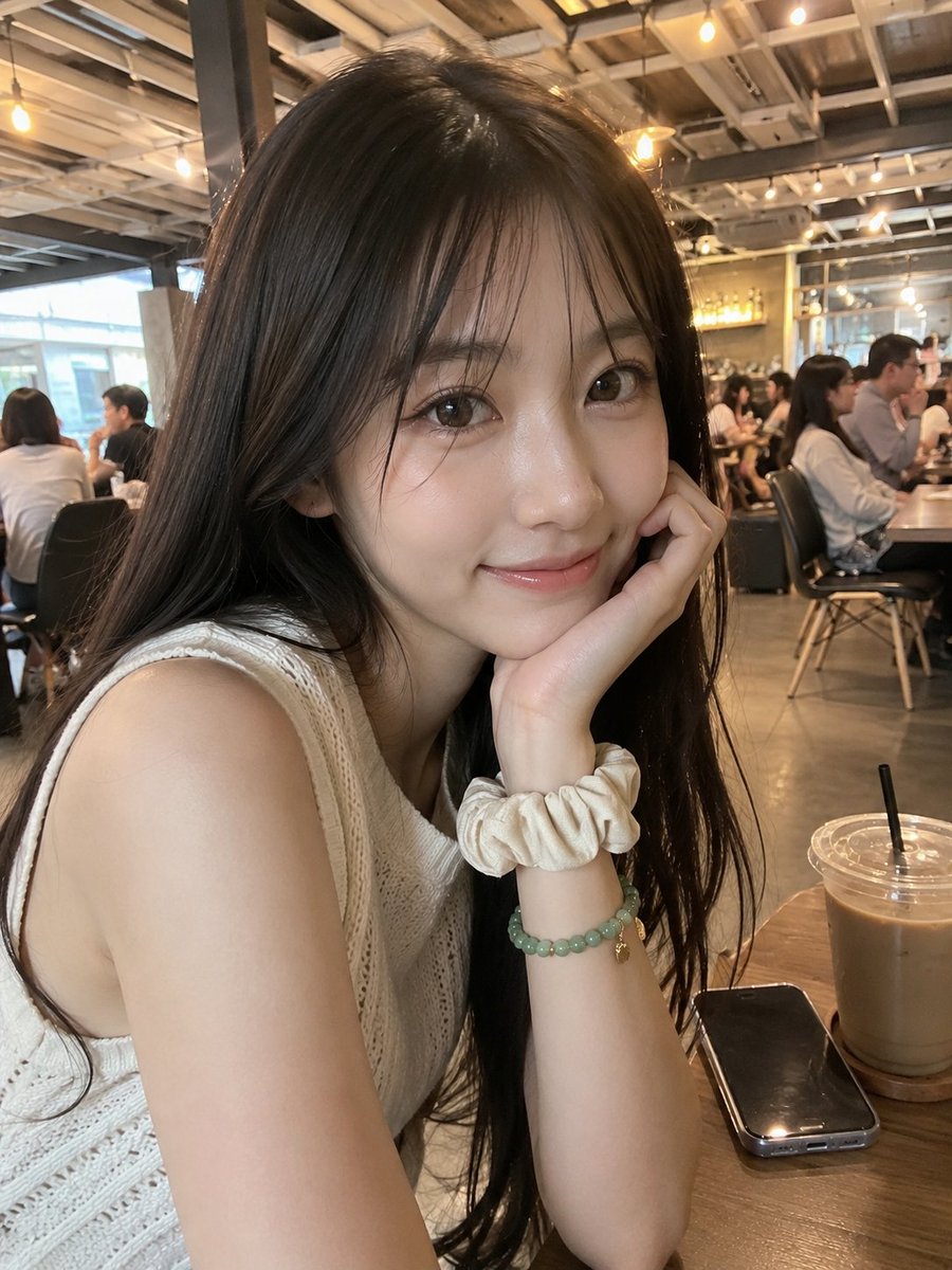 超写实的智能手机照片:一位美丽的年轻日本女性,拥有光滑的瓷白肌肤、柔和自然的五官、温暖的大棕色眼睛、有光泽的粉色嘴唇,以及自然散落的长丝柔深棕…, 图片 2