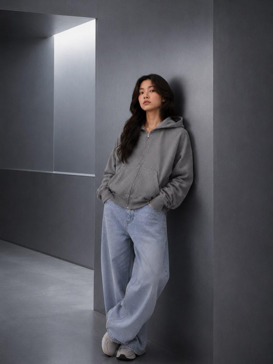 极简时尚编辑人像:一位年轻女性随意倚靠在一面光滑的炭灰色建筑墙面上,身穿水洗灰色宽松拉链连帽衫、浅色水洗宽松牛仔裤和白色运动鞋,双手插兜,姿态…, 图片 2