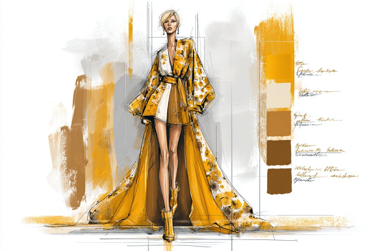 一幅时尚T台插画，包含受[subject]启发的服装，搭配[color1]和[color2]的高级时装面料小样，戏剧性灯光，夸张姿态，两侧带有…, 图片 4