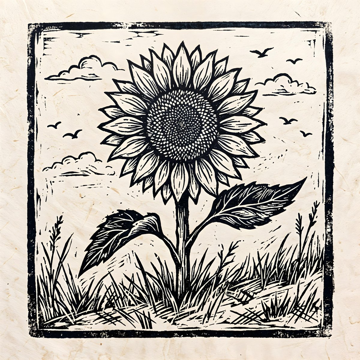 A black and white linocut print of a sunflower in full bloom dominates the cent…