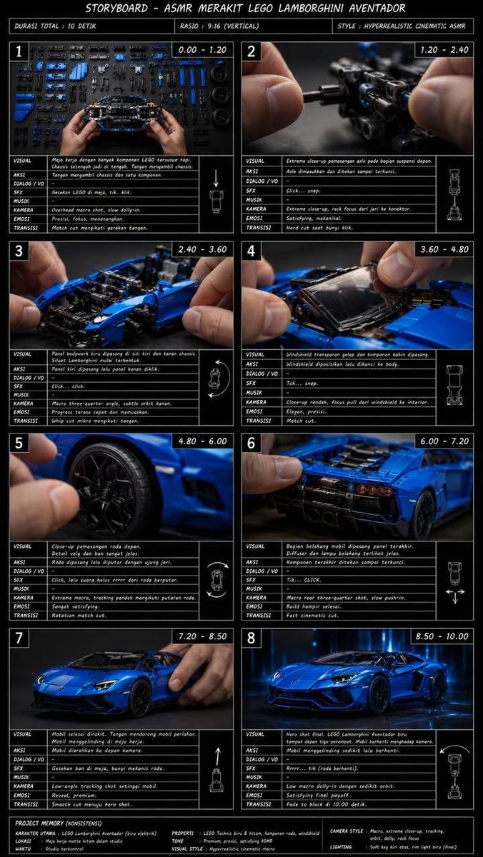 为一个10秒的ASMR视频创建一个专业的电影制作分镜脚本,展示组装LEGO Technic兰博基尼Aventador的过程。, 图片 1