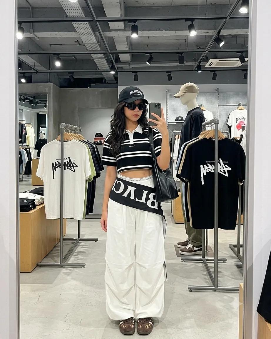 一张抓拍风格的全身穿镜自拍照，画面中是一位时尚年轻女性，她留着波浪状的深色头发，戴着潮流墨镜。她在城市服装店内摆姿势，身穿第二张图片中的服装。…, 图片 2