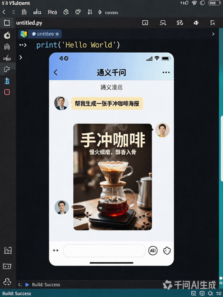 生成一张具有视觉纵深感的‘画中画’图像。最外层是一个真实的 VSCode 编程界面,中间嵌套一个千问App的聊天界面,聊天界面里我正在发送一条消息,内容是‘帮…