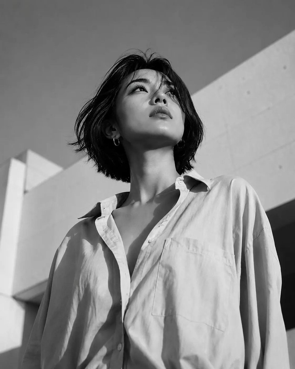 东亚女性短黑波波头发型的低角度时尚编辑大片,若有所思地向上凝视。她穿着一件宽松的超大浅蓝色纽扣衬衫,领口敞开。温暖的金色时刻阳光在她的脸部和颈…, 图片 1