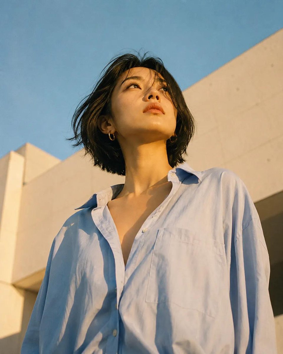 东亚女性短黑波波头发型的低角度时尚编辑大片,若有所思地向上凝视。她穿着一件宽松的超大浅蓝色纽扣衬衫,领口敞开。温暖的金色时刻阳光在她的脸部和颈…, 图片 2
