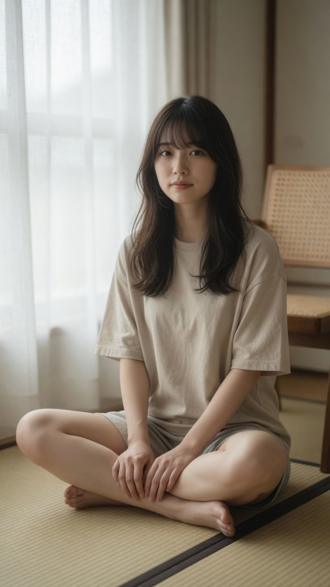 一位美丽的年轻日本女性，二十岁出头，盘腿坐在传统的榻榻米地板上，柔和的自然日光从左侧带白色薄纱窗帘的大窗户照进来，身穿宽松的米色短袖T恤和浅灰…, 图片 1