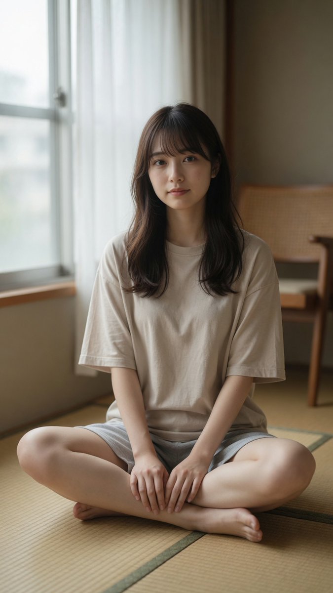 一位美丽的年轻日本女性，二十岁出头，盘腿坐在传统的榻榻米地板上，柔和的自然日光从左侧带白色薄纱窗帘的大窗户照进来，身穿宽松的米色短袖T恤和浅灰…, 图片 2