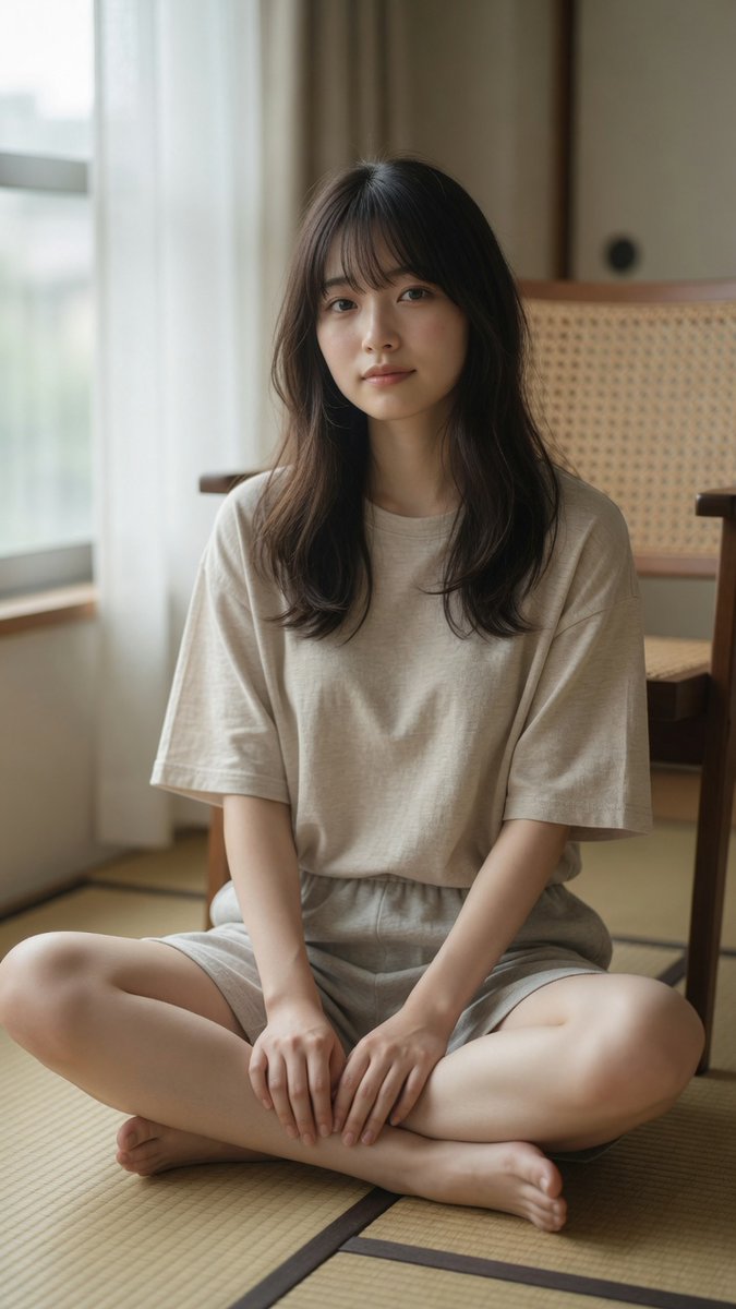 一位美丽的年轻日本女性，二十岁出头，盘腿坐在传统的榻榻米地板上，柔和的自然日光从左侧带白色薄纱窗帘的大窗户照进来，身穿宽松的米色短袖T恤和浅灰…, 图片 3
