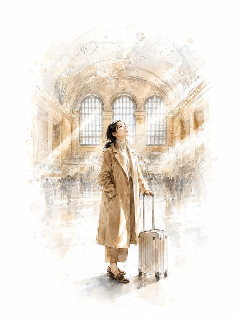一幅采用精致水彩与浓郁墨韵的插画，描绘一位二十多岁的韩国年轻女子在纽约旅行，她站在渡轮甲板上，身后远处矗立着自由女神像。她一只手扶着栏杆，长发…, 图片 3