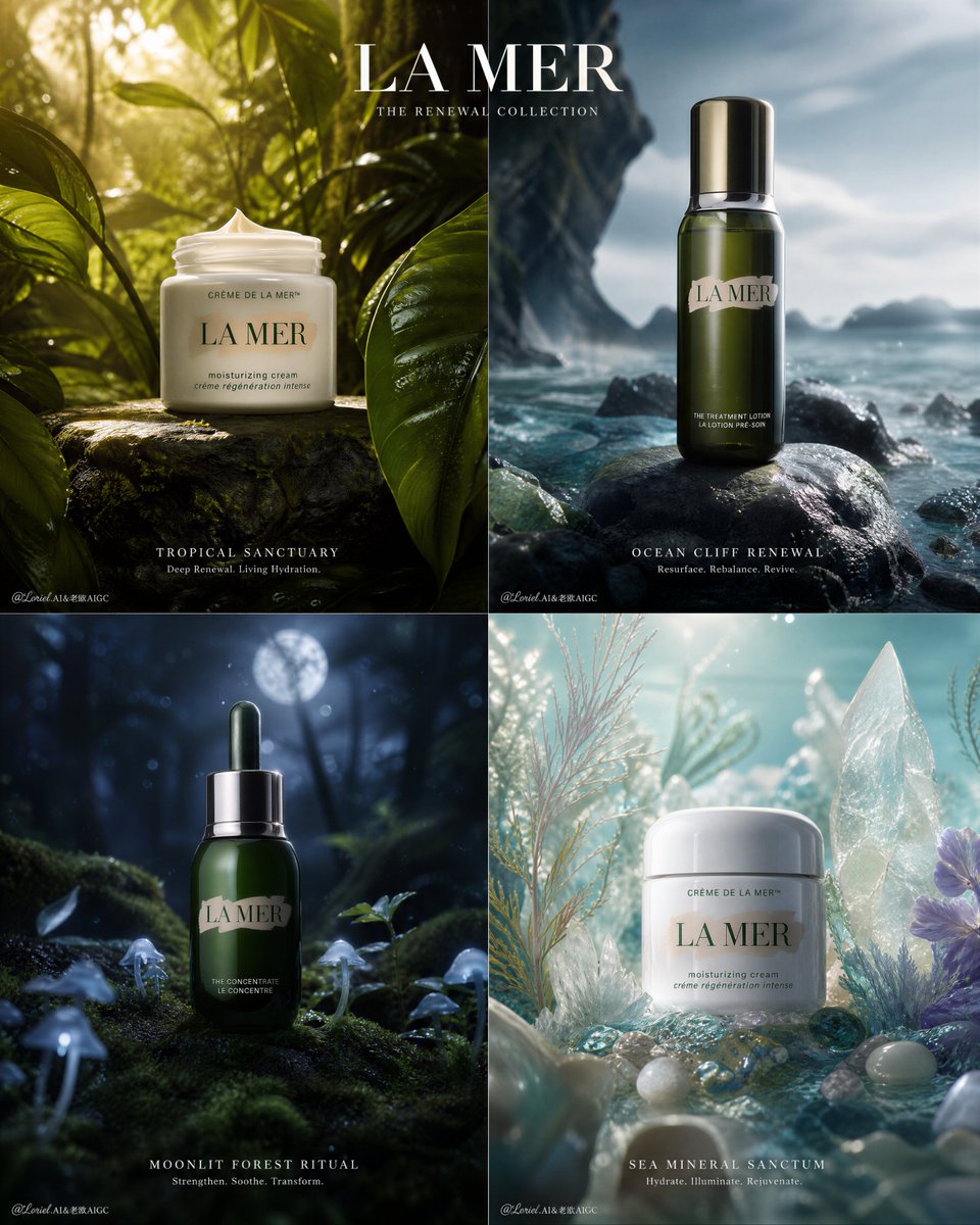 廉价美妆广告，重复相同的森林背景，产品焦点弱，卡通植物，嘈杂的奇幻特效，塑料包装，色彩过度饱和，人工照明，通用护肤品广告风格，画面杂乱堆砌，幼…, 图片 1