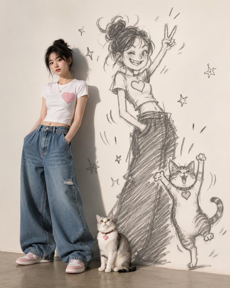 俏皮的手绘影子模仿着一只猫和一位20岁韩国女性有趣的姿势,用活泼、富有表现力的角色特征来夸张地展现它们的个性。, 图片 1
