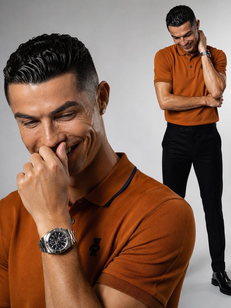 超写实高端时尚编辑棚拍人像,主体为克里斯蒂亚诺·罗纳尔多(Cristiano Ronaldo),以无缝浅灰色背景呈现,塑造高端奢华广告大片质感…, 图片 1