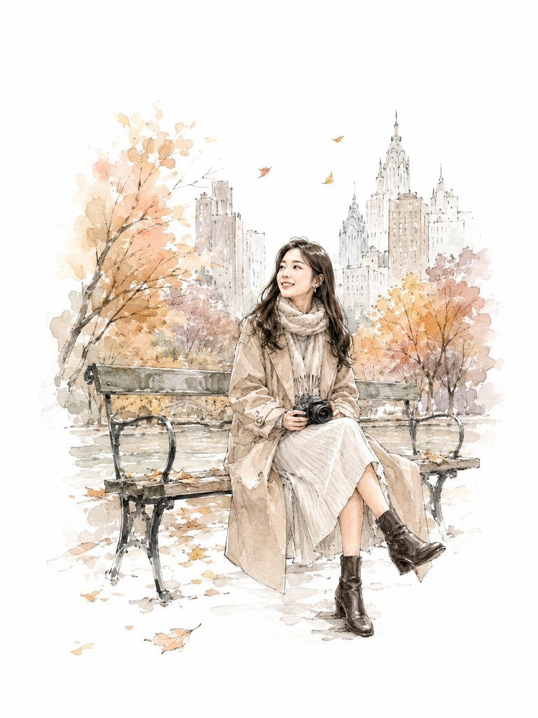 一幅精致的水彩与浓郁墨韵交织的插画，描绘一位20多岁的韩国年轻女性在纽约旅行，她站在渡轮甲板上，远处自由女神像在身后矗立。她一只手扶着栏杆，长…, 图片 2