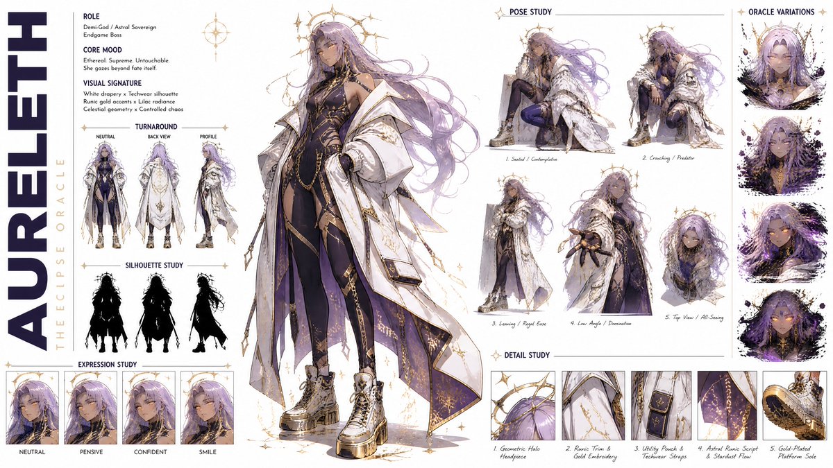 在纯白背景上以 16:9 宽屏布局创建一份高级、现代高端时尚的 CHARACTER CONCEPT ART SHEET(角色概念设定图),严格…, 图片 1