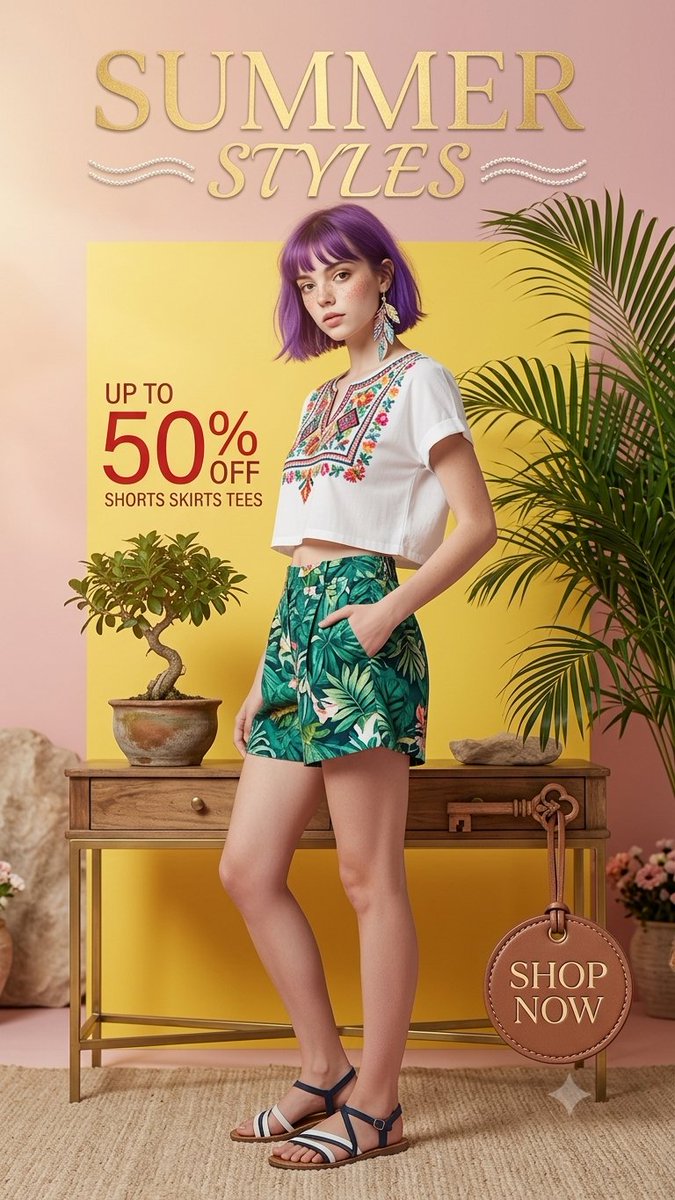 一幅充满活力的夏季时尚编辑人像，画面中有一位留着紫色波波头发型的年轻女性，她脸上有雀斑，戴着羽毛耳环。她身穿一件刺绣白色短款上衣，搭配热带叶纹…, 图片 1