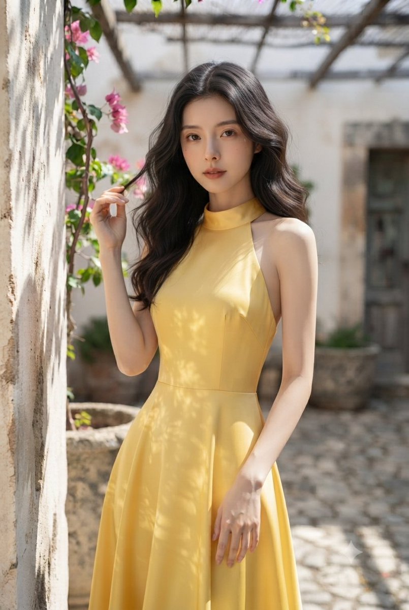 一个优雅的中景镜头:一位身姿曼妙的年轻女子,长长的深色波浪卷发如瀑布般垂落,神情宁静祥和,站在沐浴着阳光的地中海庭院中。她身着一袭色彩鲜艳的高…, 图片 1