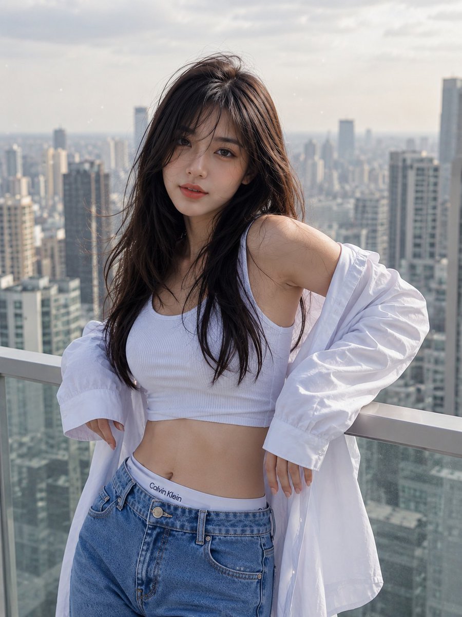 超写实肖像:一位美丽的年轻东亚女性站在高层公寓阳台上,柔和日光下俯瞰现代城市天际线。她留着一头略带凌乱的深棕色长发,妆容自然,表情平静,直视镜…, 图片 1