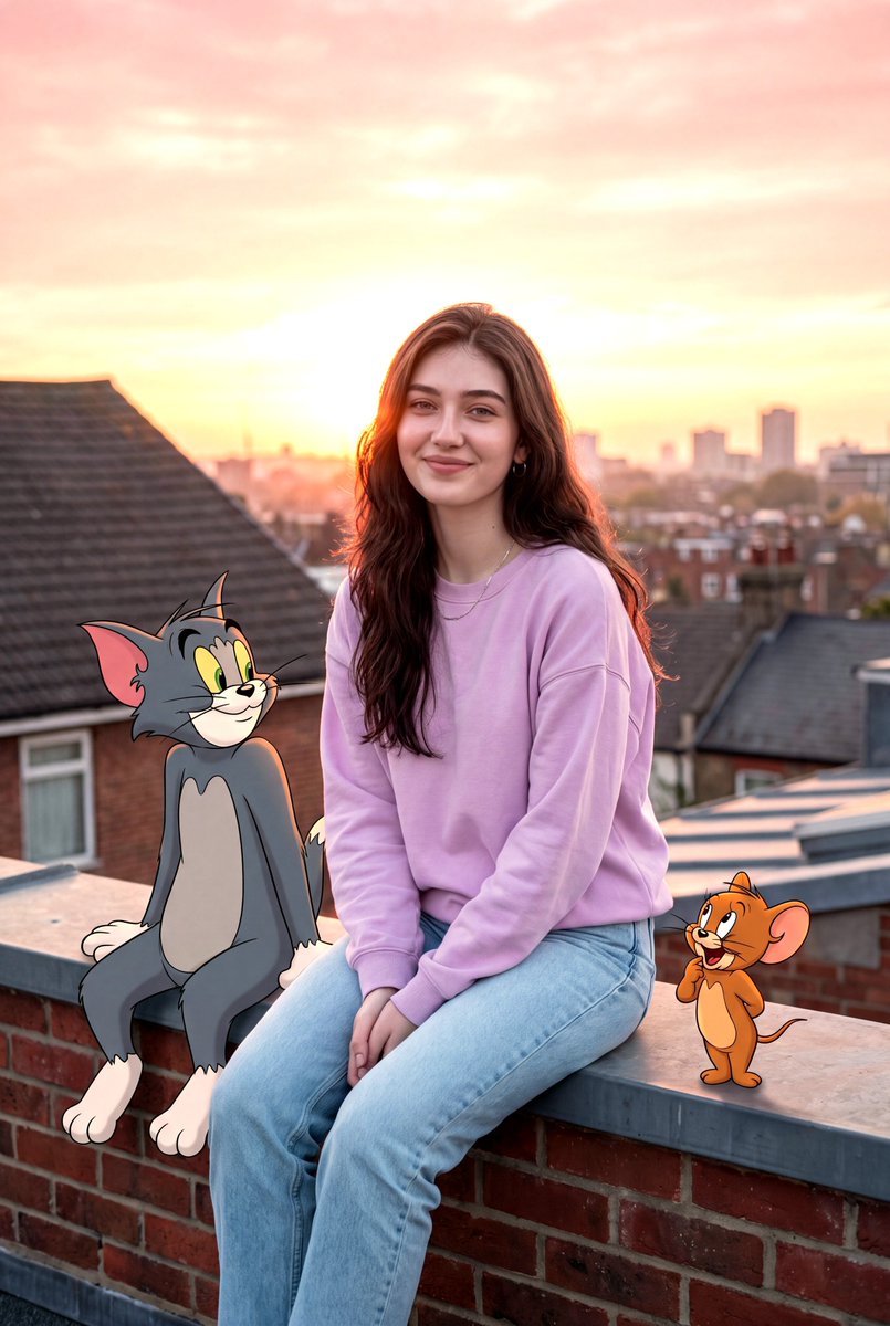 创作一个温馨的、写实电影质感的场景：我舒适地坐在屋顶上，Tom 和 Jerry 陪伴在身旁，背景是美丽的粉橙色日落。我以真实人物的形象出现，拥…, 图片 1