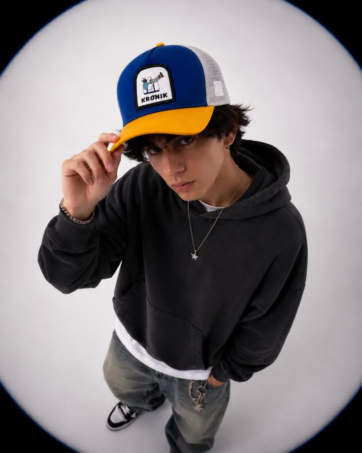 Ultra realistic high fashion streetwear portrait of a young man photographed in…