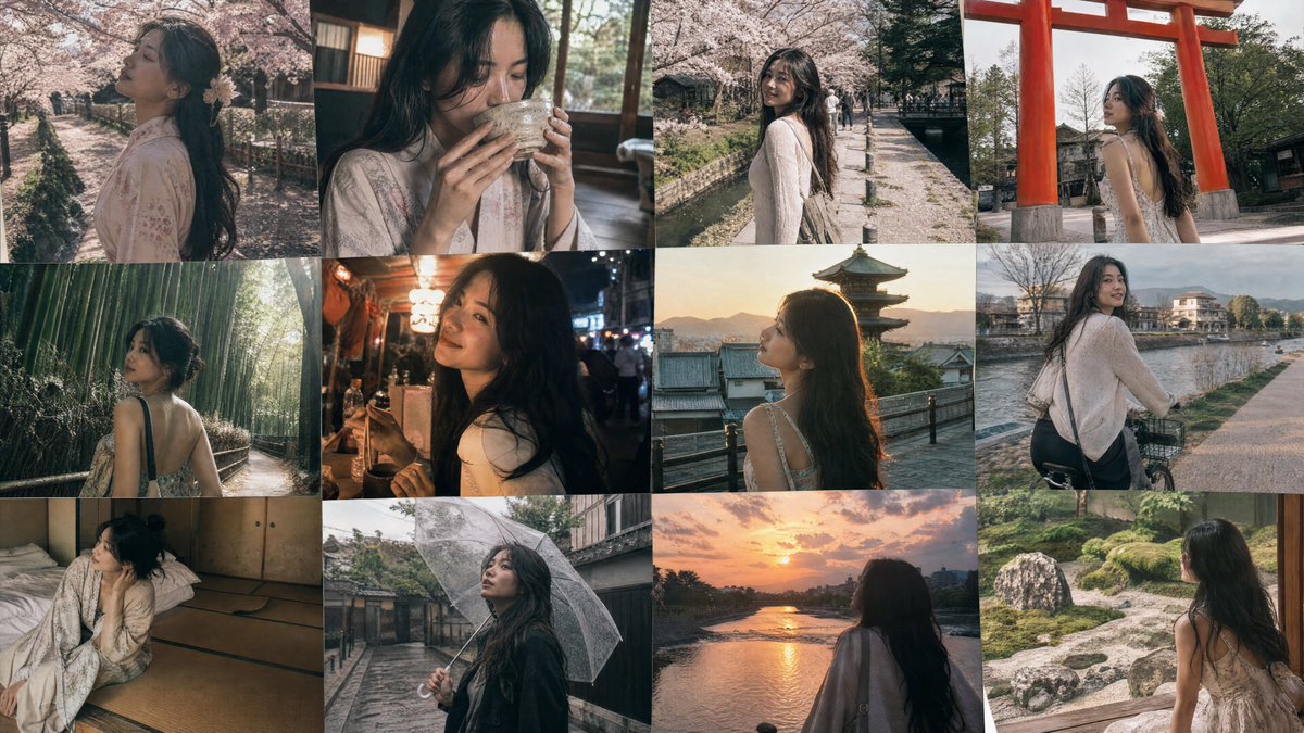 一张 12 帧拼贴照片,记录一位 25 岁越南年轻女子在日本京都樱花季独自旅行时的随性、充满情感的抓拍瞬间。她留着深色长波浪卷发,肤色暖棕,眼…, 图片 1