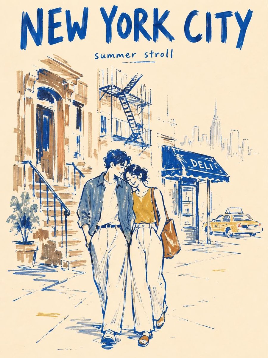 创作一幅竖版 3:4 比例的极简马克笔旅行海报，主题为纽约市（NEW YORK CITY），底色为温暖的象牙白纸。, 图片 2