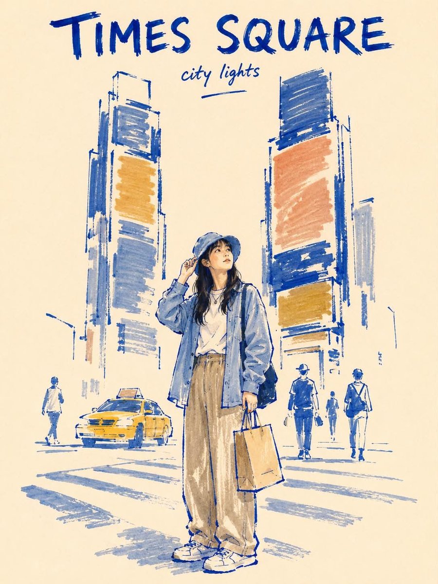 创作一幅竖版 3:4 比例的极简马克笔旅行海报，主题为纽约市（NEW YORK CITY），底色为温暖的象牙白纸。, 图片 3