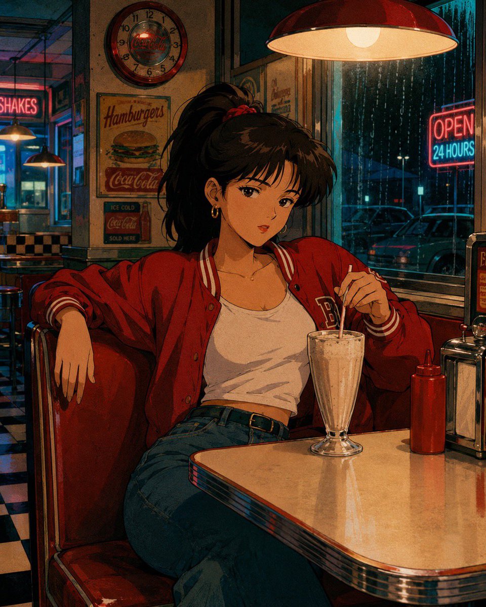一幅怀旧的1980年代至1990年代日本动漫电影感插画,高度精细的手绘背景,温暖的金色时刻与霓虹灯光,柔和的胶片颗粒感,若隐若现的水彩质感,比…, 图片 3