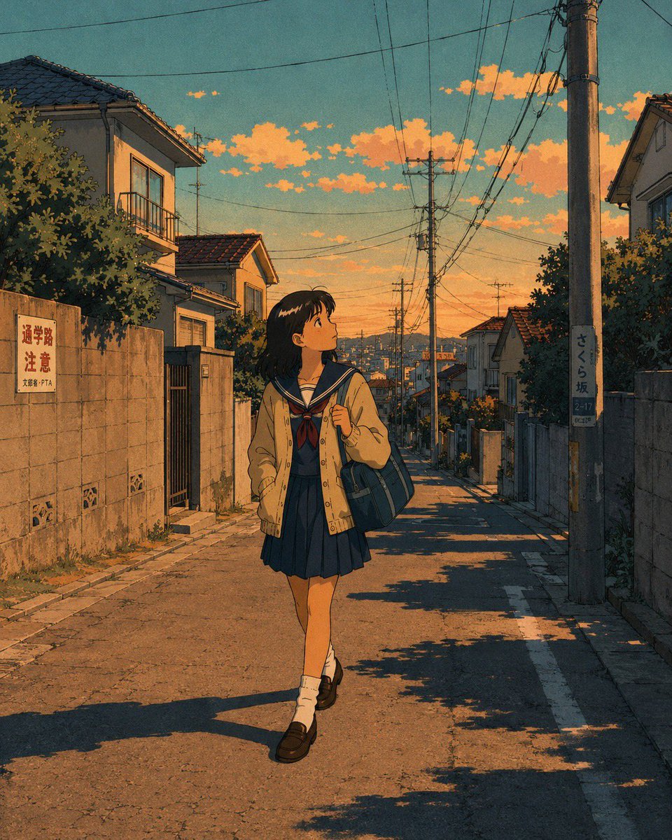 一幅怀旧的1980年代至1990年代日本动漫电影感插画,高度精细的手绘背景,温暖的金色时刻与霓虹灯光,柔和的胶片颗粒感,若隐若现的水彩质感,比…, 图片 4