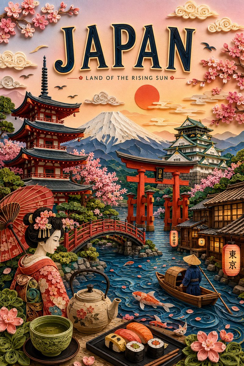 为{DESTINATION}创作一张优雅的3D衍纸工艺(paper quilling)与多层纸质手工艺旅行海报,呈现高端复古旅行剪贴簿风格。艺…, 图片 2