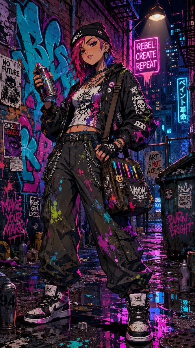 Full-body character illustration of a cool alternative female graffiti artist s…