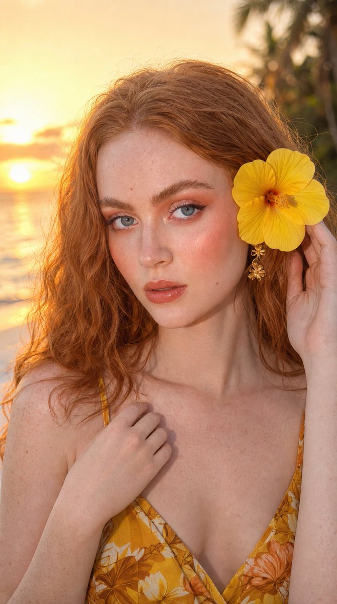 超写实 9:16 竖版特写肖像,一位成年女性在黄金时段日落时分的热带海滩旁摆姿。她拥有浓密、波浪状的自然铜红色长发,带有柔和发光的飞舞发丝;瓷…, 图片 1