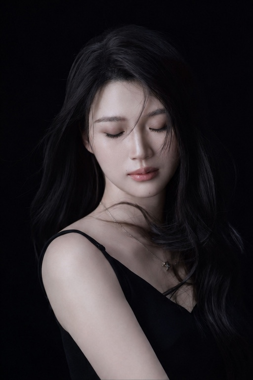 一位年轻成年东亚女性站在纯黑色摄影棚背景前，画面为近景到半身肖像，人物位于中央略偏右。身体以三分之二侧身朝向画面左侧，左肩更靠近镜头，头部轻轻…, 图片 1