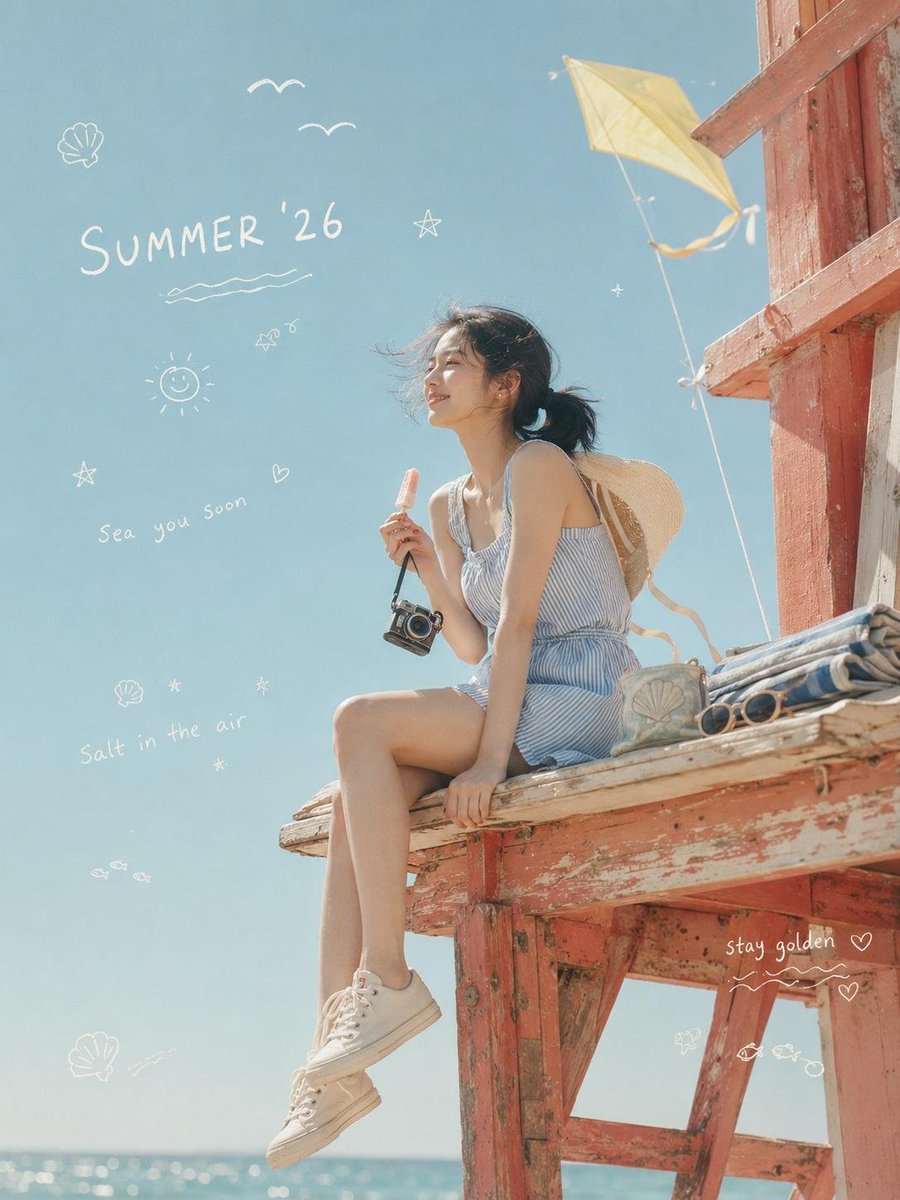 一张极致真实的电影感梦幻生活方式照片,庆祝 “SUMMER ’26”(2026年夏日),画面中一位年轻的韩国女性独自坐在一座褪色珊瑚粉色复古救…, 图片 1